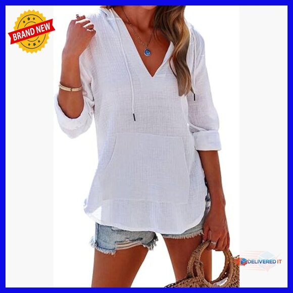 Other - Long Sleeve V-Neck Hooded Cover Up with Pocket, Cotton Beach Top